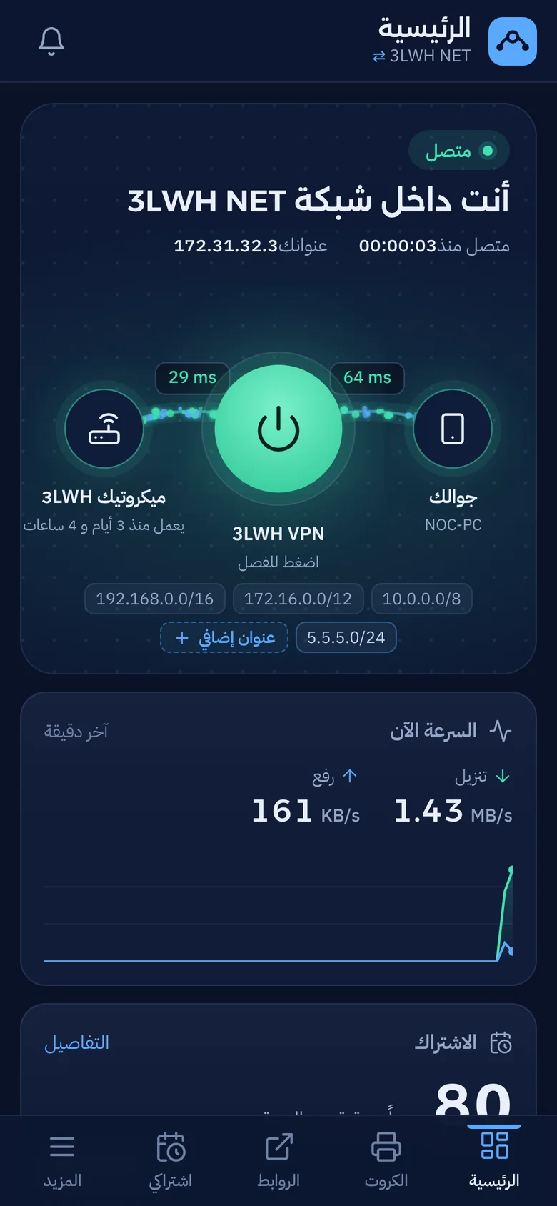 الشاشة الرئيسية في تطبيق 3LWH VPN للجوال
